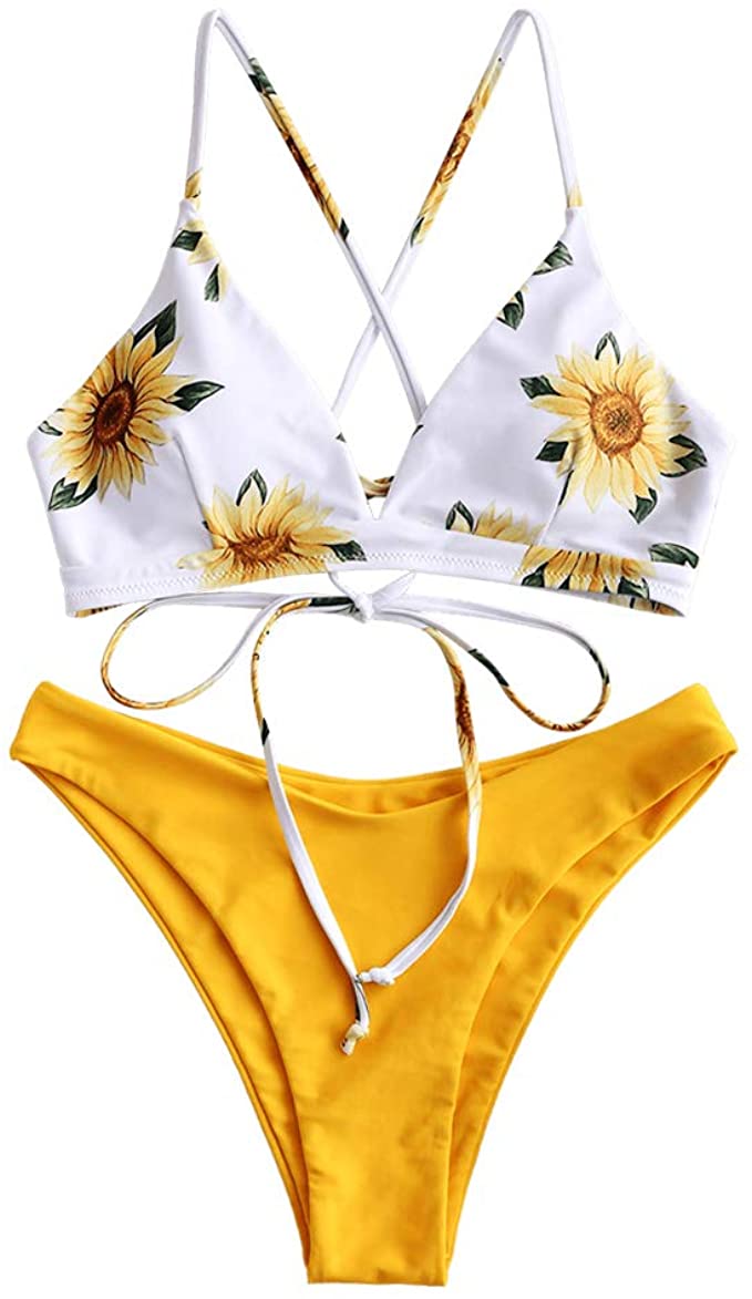 ZAFUL Women Braided Straps Lace Up Bikini Set Bralette Swimsuit Flower Bathing Suit